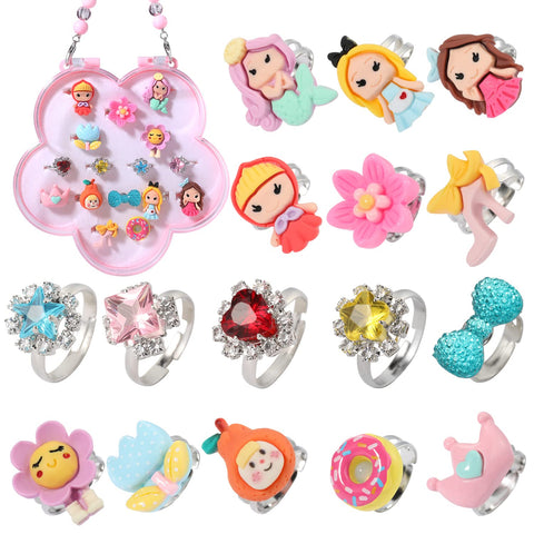 PinkSheep Little Girl Jewel Rings in Box 16PC Princess Ring Adjustable Girl Pretend Play and Dress Up Rings