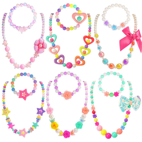 PinkSheep Kids Classic Jewelry, 6 Sets of Beaded Necklaces and Bracelets for Girls, Favors Bags for Toddlers (Classic) Acrylic