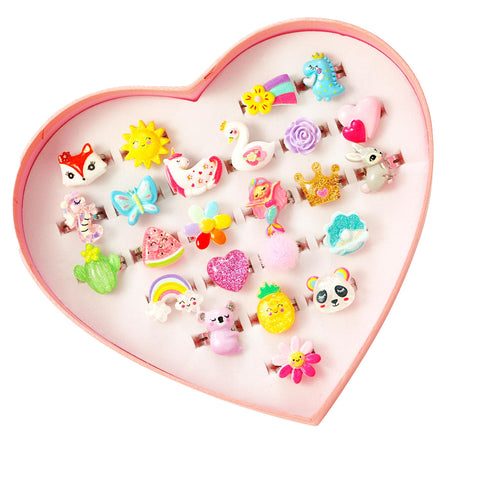 PinkSheep Little Girl Jewel Rings in Heart Box, Adjustable, Girl Gift Pretend Play and Dress Up Rings