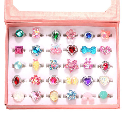 Little Girls Jewelry Ring Set in Gift Box, Adjustable, No Duplicates, Girl Pretend Play and Dress Up - 30 Rings