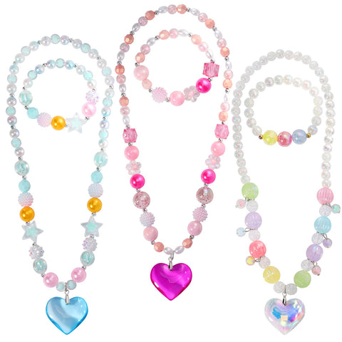 PinkSheep Beads Necklace and Bracelet for Kids, 3 Sets, Little Girls Jewelry Necklace and Bracelet with Heart Pendant, Dress Up Pretend Play Party Favor