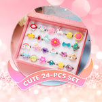 PinkSheep Little Girl Jewel Rings in Box, Adjustable, No Duplication, Girl Pretend Play and Dress Up Rings (24 Lovely Ring) Pink 2