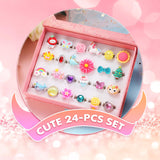 Little Girls Jewelry Ring Set in Gift Box, Adjustable, No Duplicates, Girl Pretend Play and Dress Up - 24 Rings